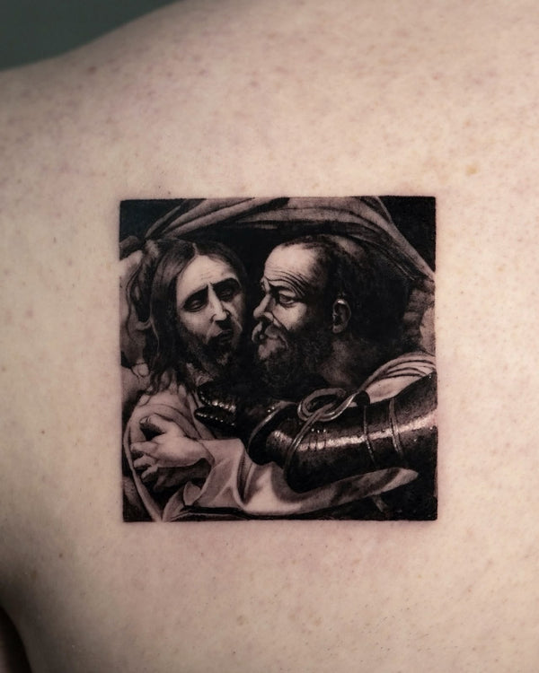 Microrealism tattoo after Caravaggio's Taking of Christ by Fabio Pillon, The White Whale Tattoo Society, Milano