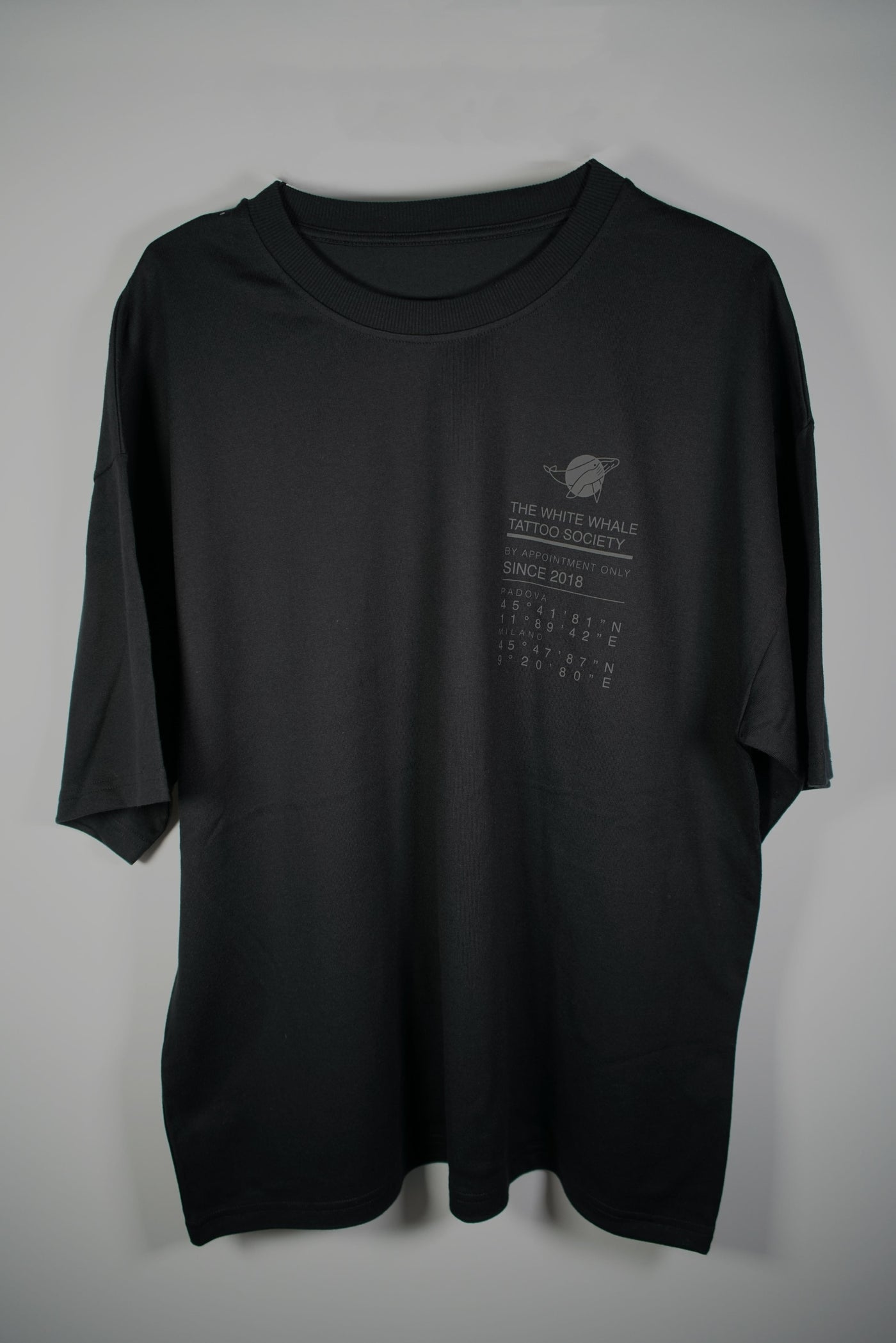 TWWTS Destination Tee with coordinates print, The White Whale Tattoo Society, Milano