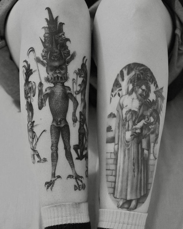 Black and Grey tattoos of a medieval demon and a hanged figure by Matteo Ciampi, The White Whale Tattoo Society, Milano