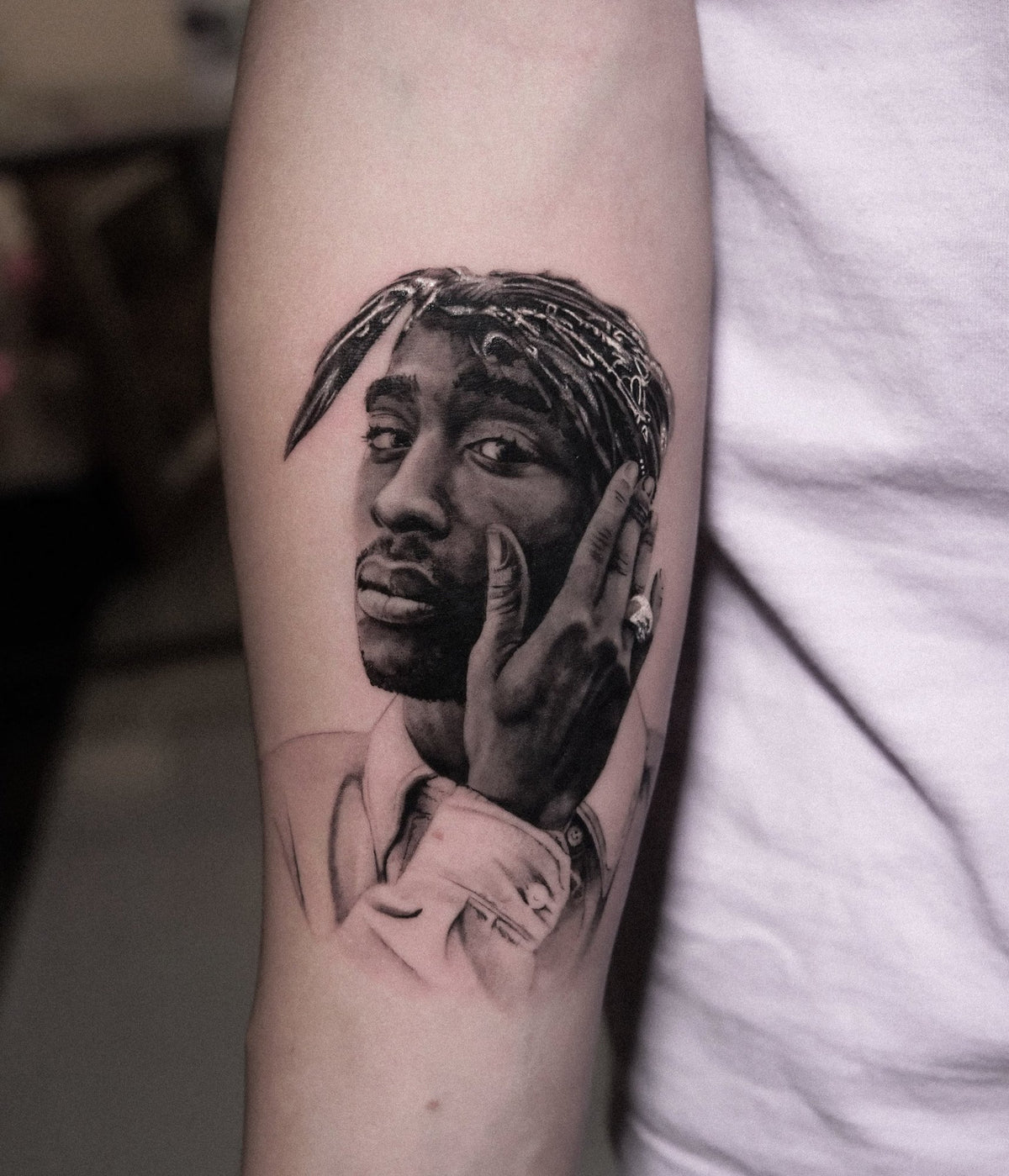 Black and Grey portrait tattoo of Tupac Shakur by Fabio Pillon, The White Whale Tattoo Society, Milano